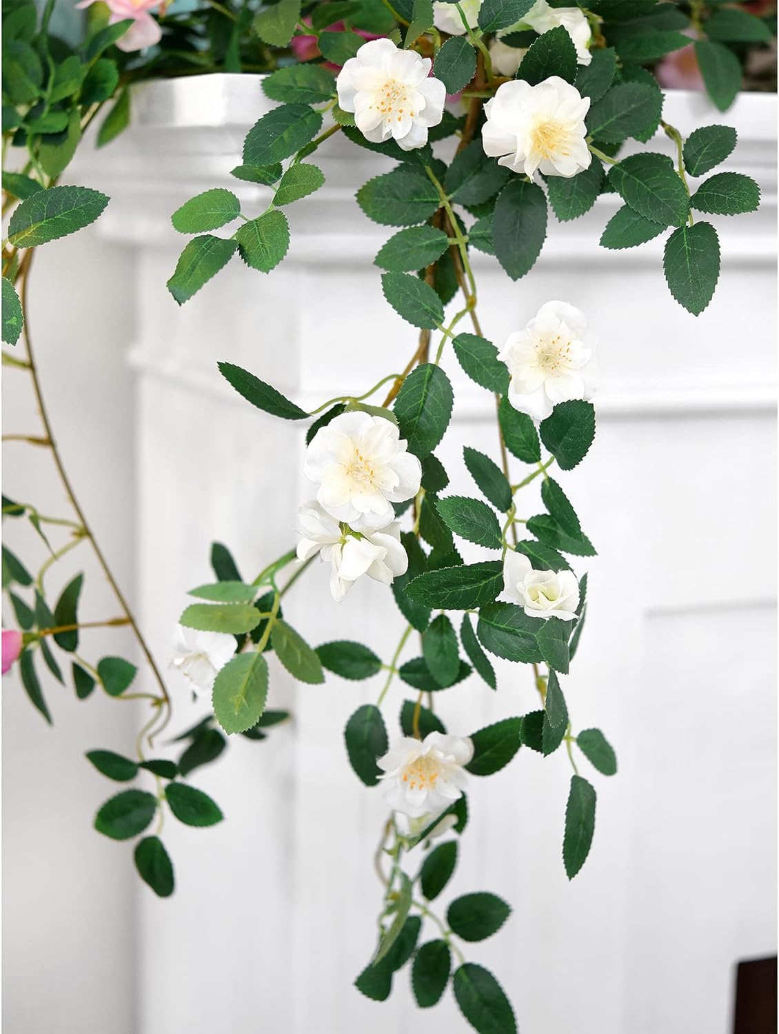 FiveSeasonStuff Bendable Shabby Chic White Flower Garlands, Artificial Silk Wild Roses Vine Leaves Hanging Flowers for Wall Decoration Basket Trellis Wedding Home 2 Pack 12 ft