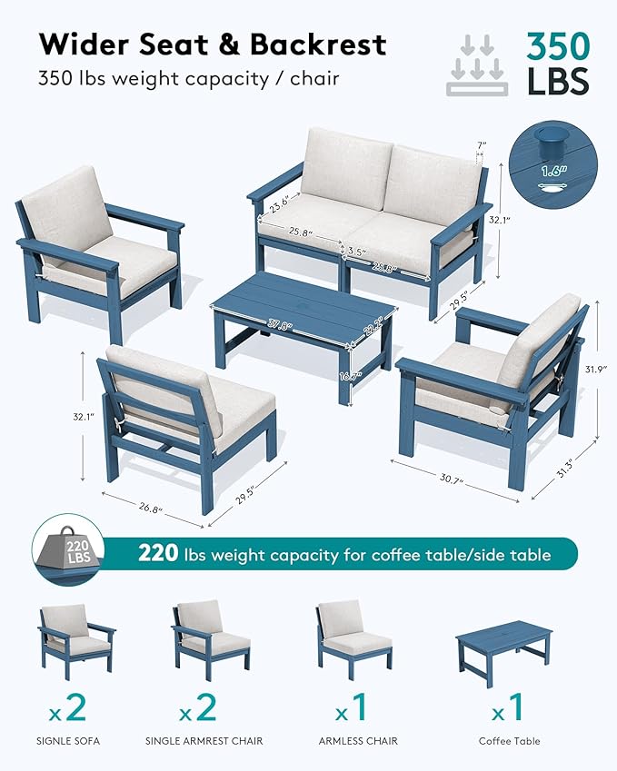 SERWALL HDPE Patio Conversation Set, 6-piece Sectional Outdoor Furniture Set - Image 2