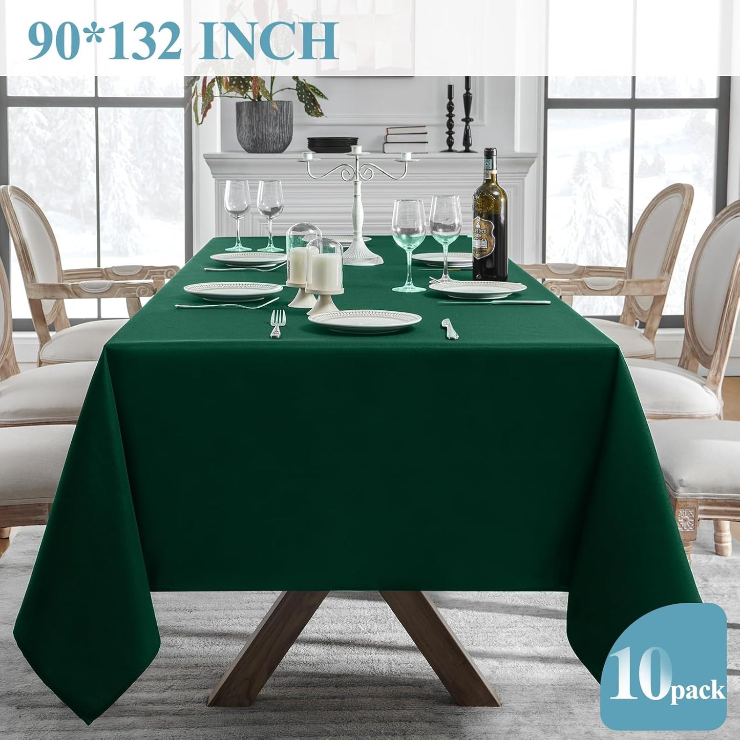 VidaFete Tablecloth 10 Pack 90 * 132inch Rectangle Table Cloth Polyester, Stain Wrinkle Resistant Polyester Dining Table Cover for Kitchen Dinning Party Wedding Rectangular Buffet Decoration(Green)
