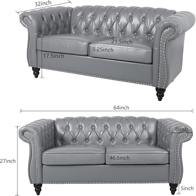 Chesterfield Loveseat Sofa, Modern Leather Small Sofa Couch 2 Seater - Image 2