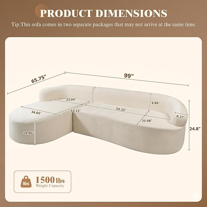 99" Curved Sectional Sofa with Chaise, Modern Boneless Couch with Deep Seat - Image 2