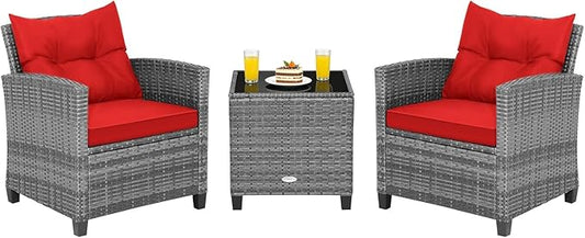 COSTWAY 3PCS Patio Furniture Set, PE Rattan Wicker Sofa w/Washable Cushion and by COSTWAY