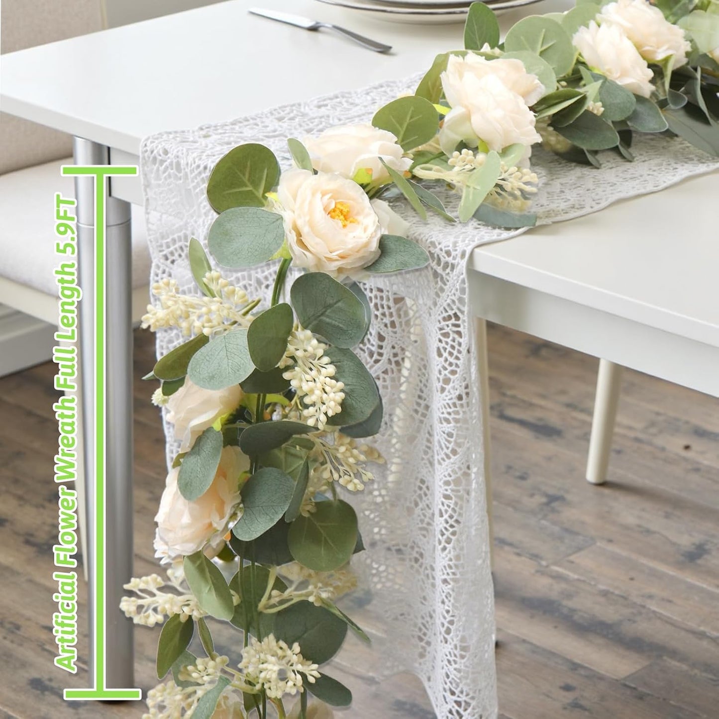 MAKHOT 2PCS 6.6Ft Artificial Eucalyptus Garland, Green Vines and Champagne Artificial Roses Combined to Form an Artificial Rose Garland for Wedding, Table, Party, Fireplace, and Home Decor.