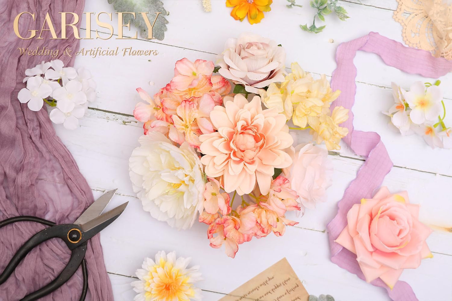 Artificial Flowers Combo, Mix Silk Flowers Roses, Peonies, Dahlias with Stems for DIY Wedding Bridal Bouquet, Baby Shower, Table Centerpieces, Home Decor, Floral Arrangements-Champagne Powder