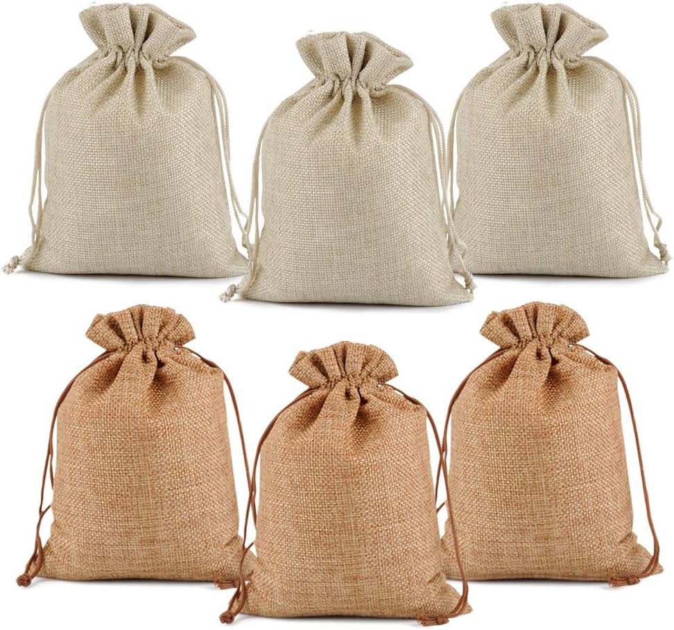 Lucky Monet 25/50/100PCS Burlap Gift Bags Wedding Hessian Jute Bags Linen Jewelry Pouches with Drawstring for Birthday, Party, Wedding Favors, Present, Art and DIY Craft (50Pcs, Coffee, 5” x 7”)