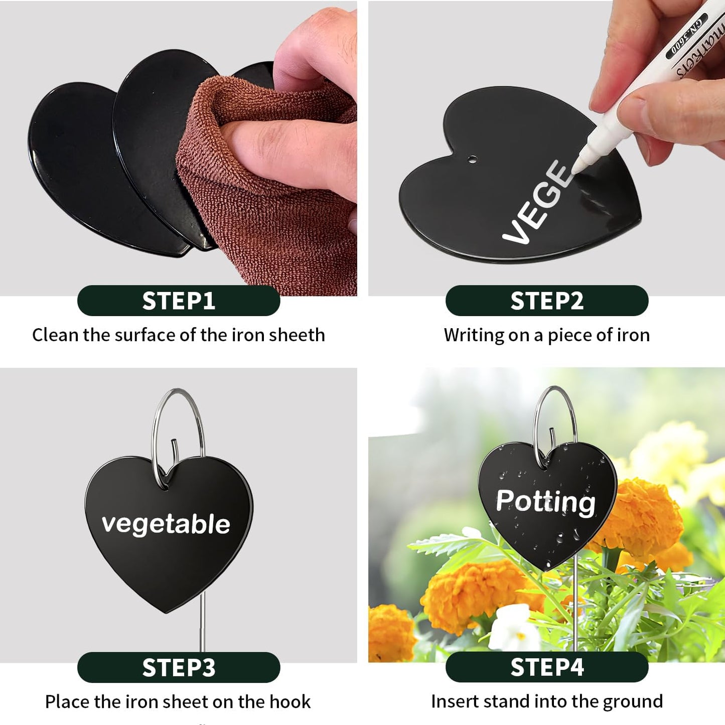 30-Pack Iron Metal Heart Shaped Garden Markers Weatherproof Metal Plant Labels Large Planting Seedling Stake Signs, for Seedlings Herbs Vegetable Greenhouse Gifts with White Marker Pen Labels