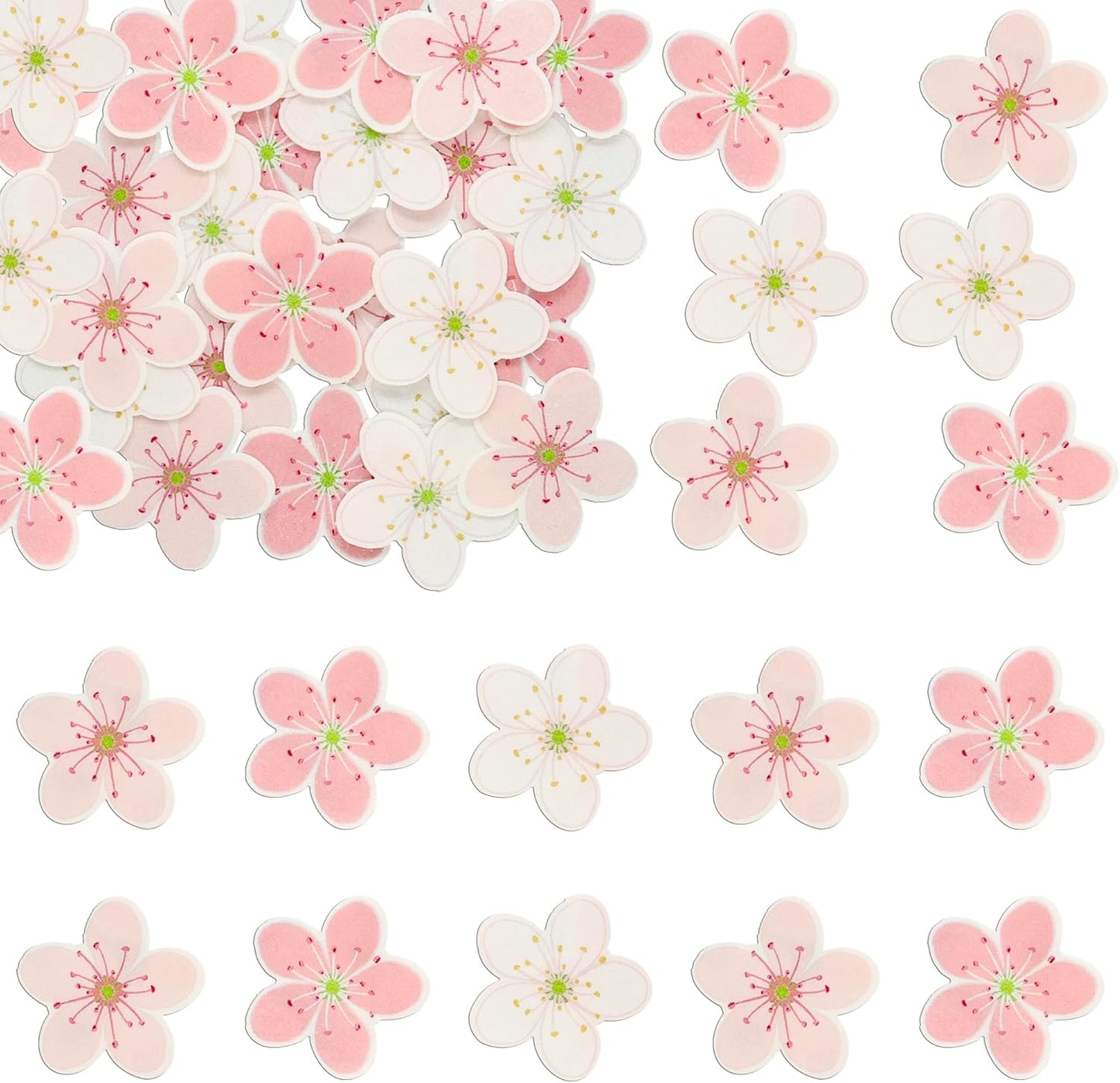 Ephlyn 54Pcs Edible Cherry Blossom Cake Decoration Spring Flowers Cupcake Toppers Wafer Paper Flowers Cake Decoration Wedding Birthday Baby Shower Party Supplies White Pink