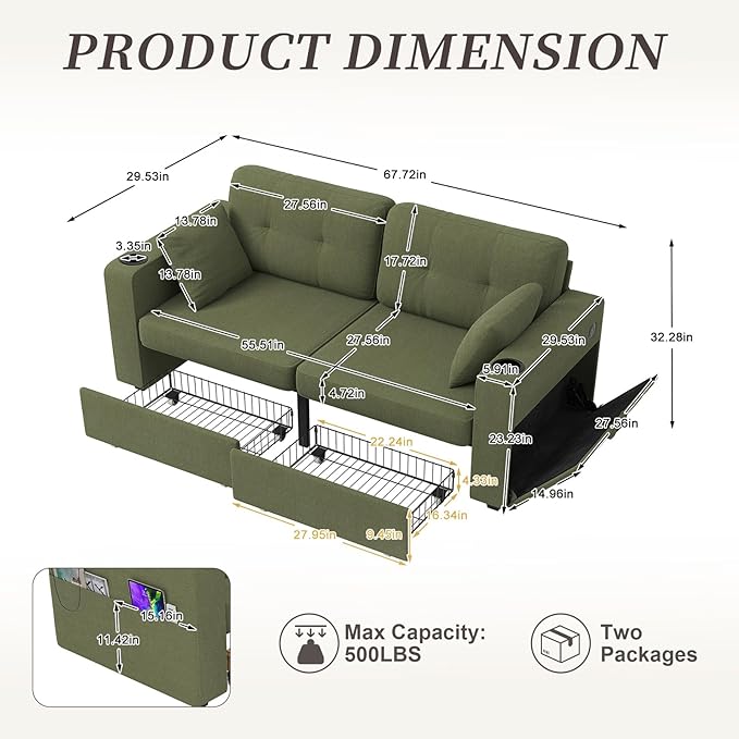 67" Small Loveseat Couch with Storage, USB Charging and Cup Holder, Space - Image 3