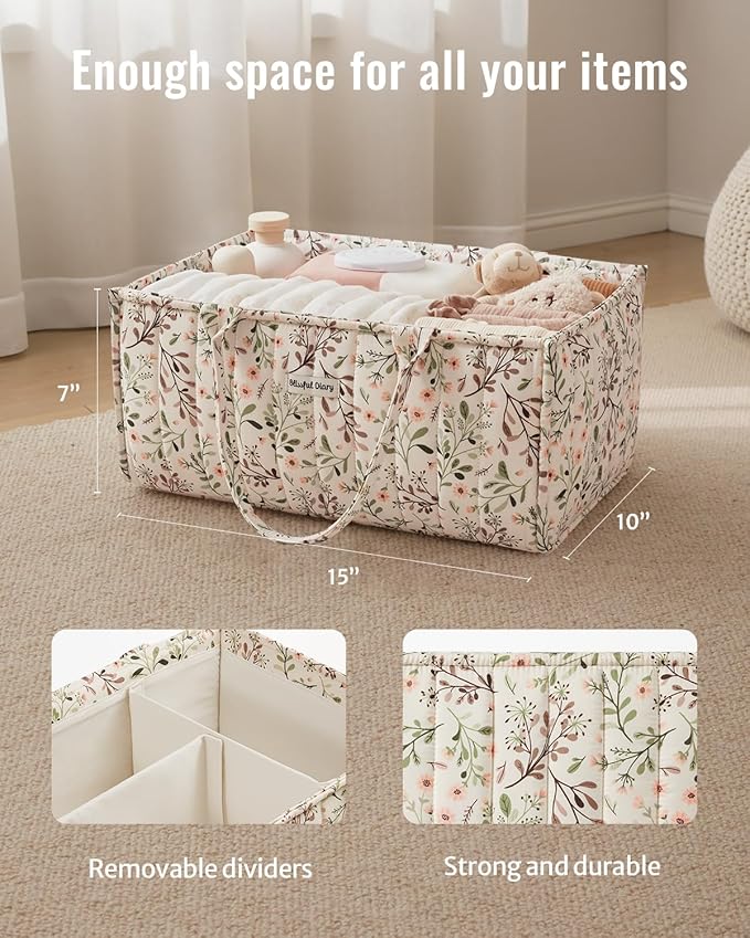 Blissful Diary Floral Diaper Caddy Organizer, Stylish Nursery Storage Basket - Image 3