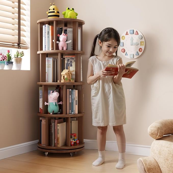 Muwuele Solid Wood Rotating Bookshelf on Wheels, 4 Tier, Round Revolving - Image 3