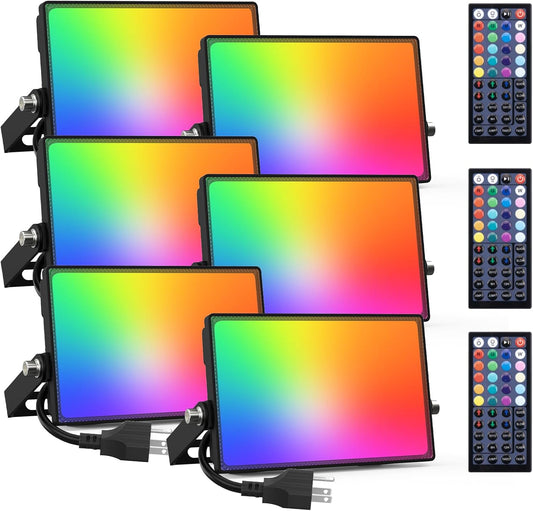Onforu 6 Pack RGBW LED Flood Light Outdoor, 100W Color Changing 2700K Warm White Upights with Remote, IP66 Stage Lighting, Landscape Spotlights, Uplighting Indoor Floor Lighs for Christmas