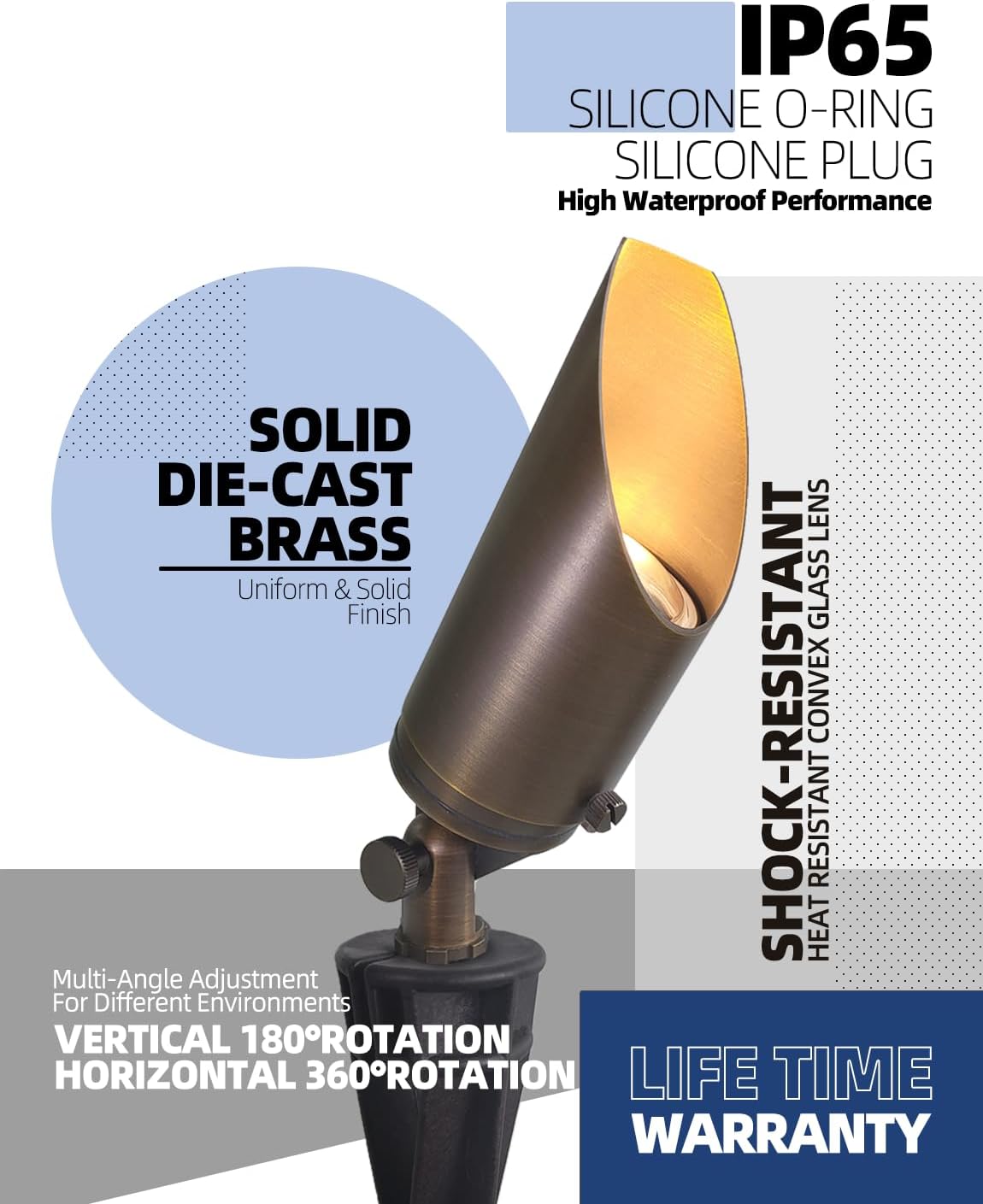 MALORY Brass Landscape Spotlight 6-Pack with 5W LED MR16 Bulb Kit(S03), 12V AC/DC Low Voltage Outdoor Landscape Lighting Shroud Adjustable,Ground Stake and Wire Connector Included,2700K Warm White