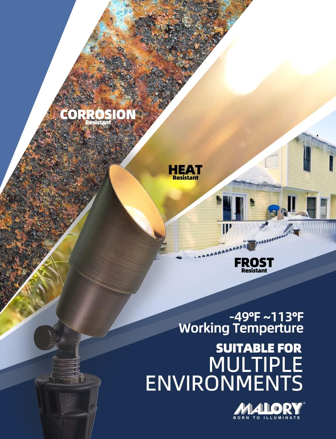 MALORY Brass Landscape Spotlight 1-Pack with Bulb(S01), Low Voltage 12V AC/DC LED Outdoor Landscape Lighting,PVC Ground Stake and Wire Connector Included, Garden Patio Trees Spot Uplight