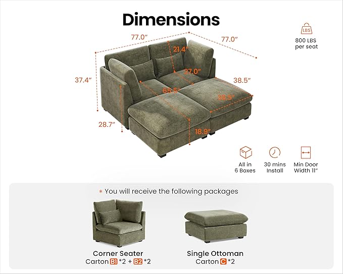 77" Oversized Chenille Couch Modular Sectional Sofa, Washable Cloud Couch - Image 2