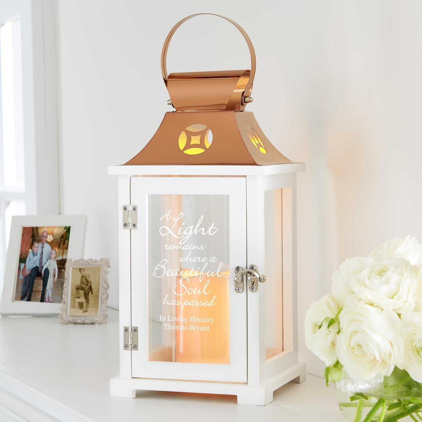 Let's Make Memories Personalized Memorial Lantern - Sympathy - Condolences - LED Candle - Automatic Timer - Wood/Stainless Steel - Copper Finish - A Light Remains