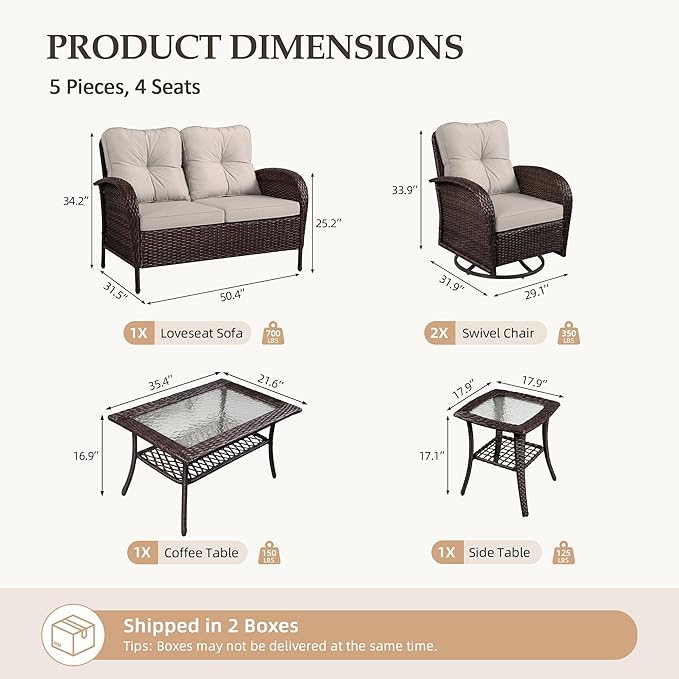 UPHA 5 Pieces Patio Furniture Sets, Wicker Outdoor Loveseat Sofa Set - Image 2