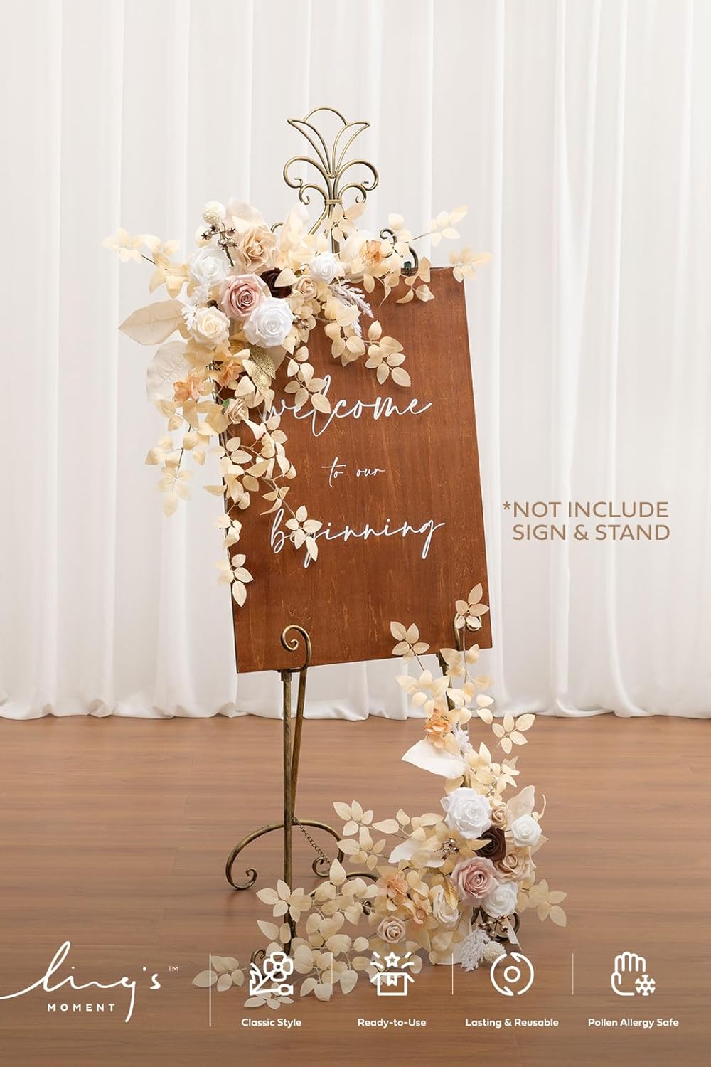 Ling's moment 2pcs Wedding Flowers Garland Artificial Floral Swag Arch Decorations Greenery Arrangements White & Beige Ceremony Reception Garden Easel Wall Entryway Outdoor Board(NOT Include Sign)