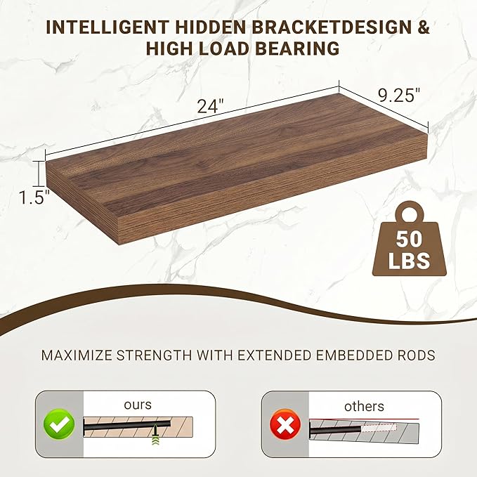 Acovy 24 Inch Floating Shelves, Wooden Shelves - Image 3