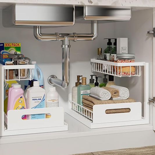 REALINN Under Sink Organizer, Pull Out Cabinet Organizer, 2 Tier Metal Slide by REALINN