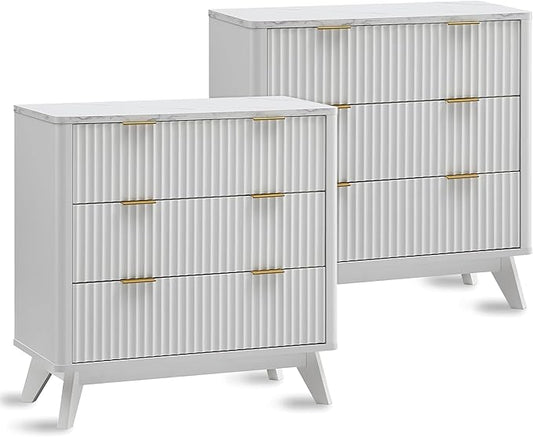 T4TREAM Fluted 3 Drawers Nightstand Set of 2, Oversized Extra Large Modern Side by T4TREAMFurniture