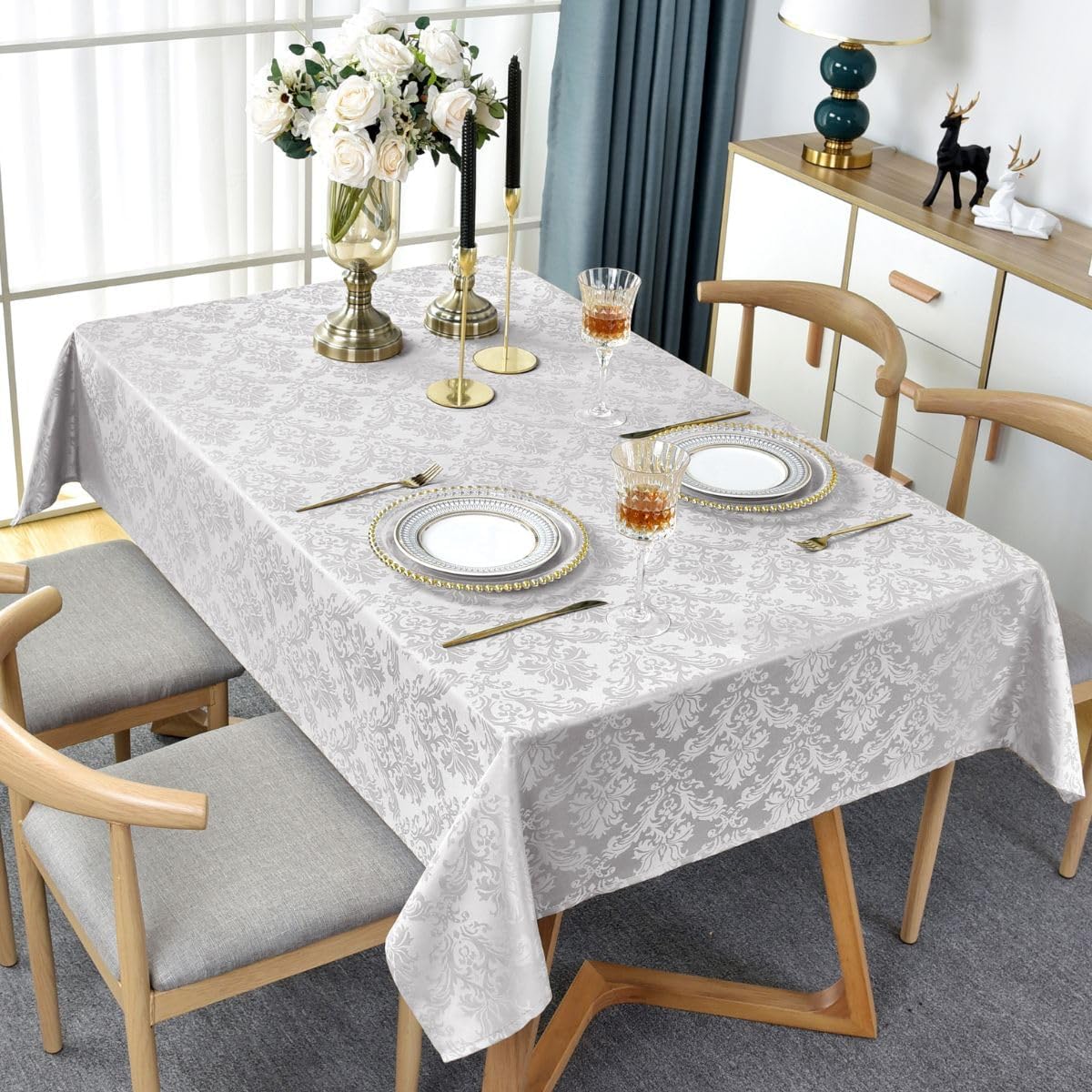 Rectangle Damask Tablecloth Floral Jacquard Washable & Waterproof Polyester Fabric Table Cover for Kitchen Dining Room, Party, Indoor, Outdoor Use, 52 x 70 Inch Grey/Gray
