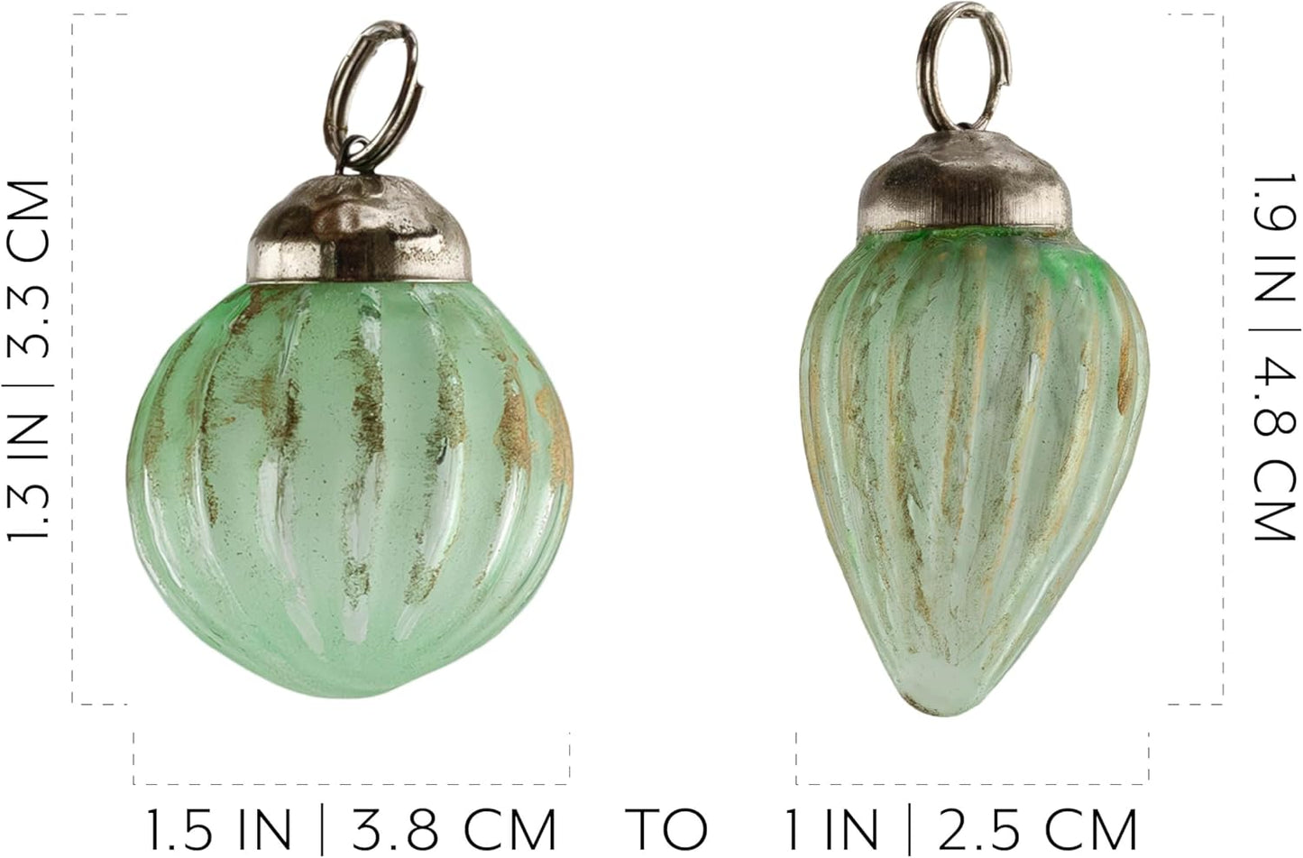 AuldHome Mercury Glass Finial Ornaments (Set of 12, Soda Glass, Small); Distressed Metal Antique Style Christmas Tree Decorations; 1.3 to 2-Inch Size