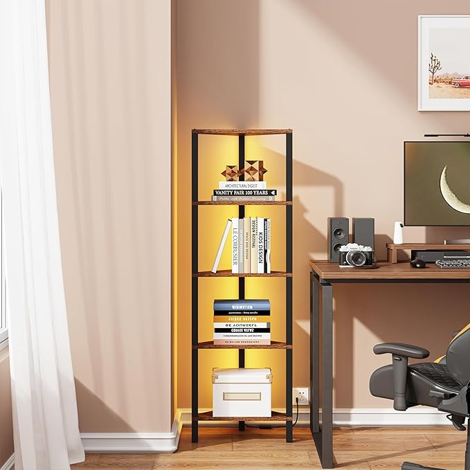 TUTOTAK Corner Shelf with LED Light, 5-Tier Corner Bookshelf - Image 4