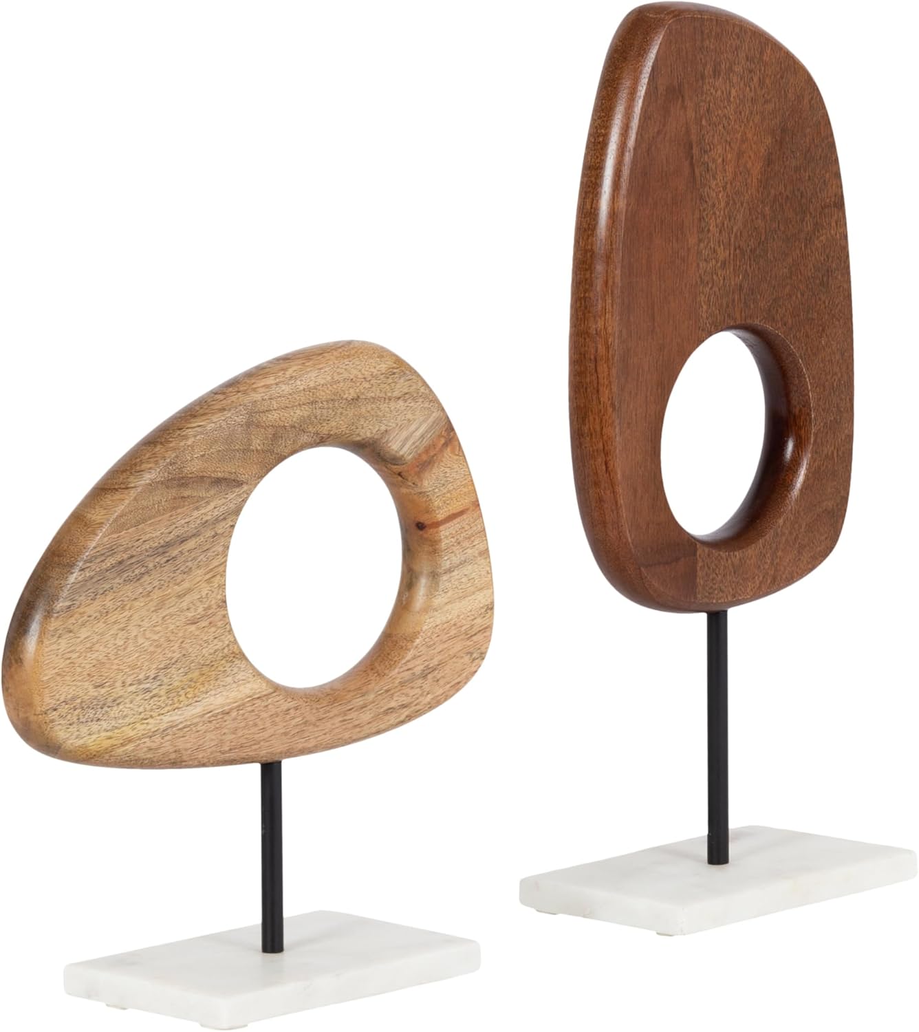 Kate and Laurel Yoakes Wood and Marble Decorative Sculptures, 2 Piece Set, Natural and Walnut, Sculptural Wooden Decor Accents for Shelf Decor or Bedroom Design