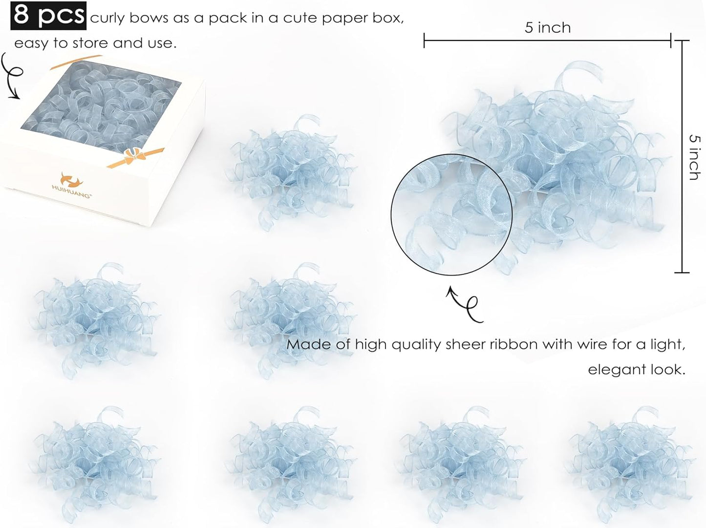 HUIHUANG Blue Bows for Gift Wrapping Burst Curly Gift Bows 5 inch x 8 Counts Self-Adhesive Curly Ribbon Bow for Presents, Treat Bags, Baby Shower Favors, Wrapping Accessories, Party Decor