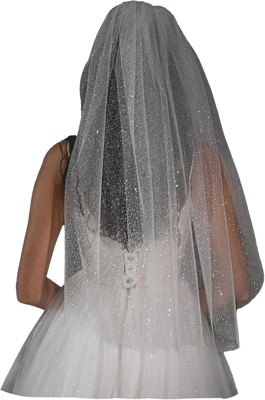 Short Glitter Wedding Bridal Veil with Metal Comb for Bride