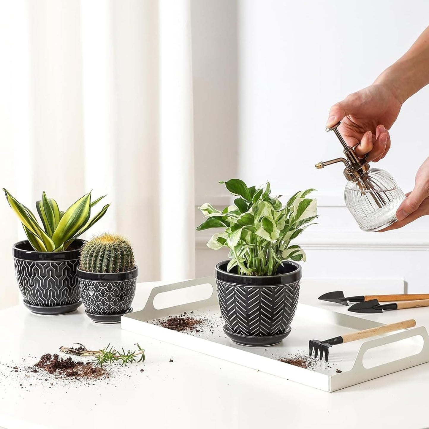 Sureasy Ceramic Plant Pots, 4.7 Inch Flower Pots for Indoor Plants, Succulent Pots with Saucer and Drainage Hole, Decorative Planter for Succulent, Cactus, Set of 4, Black