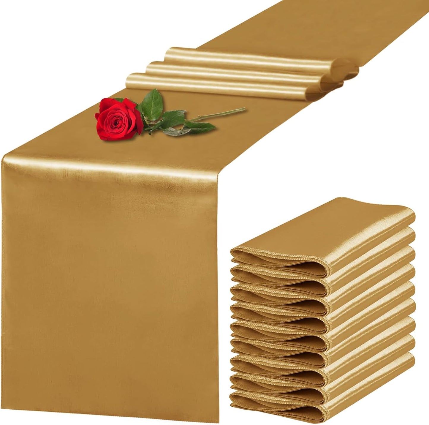 10 Pack Satin Table Runner 12 x 108 Inch Long Old Gold Silk Table Runner for Wedding Party Banquet Birthday Decoration
