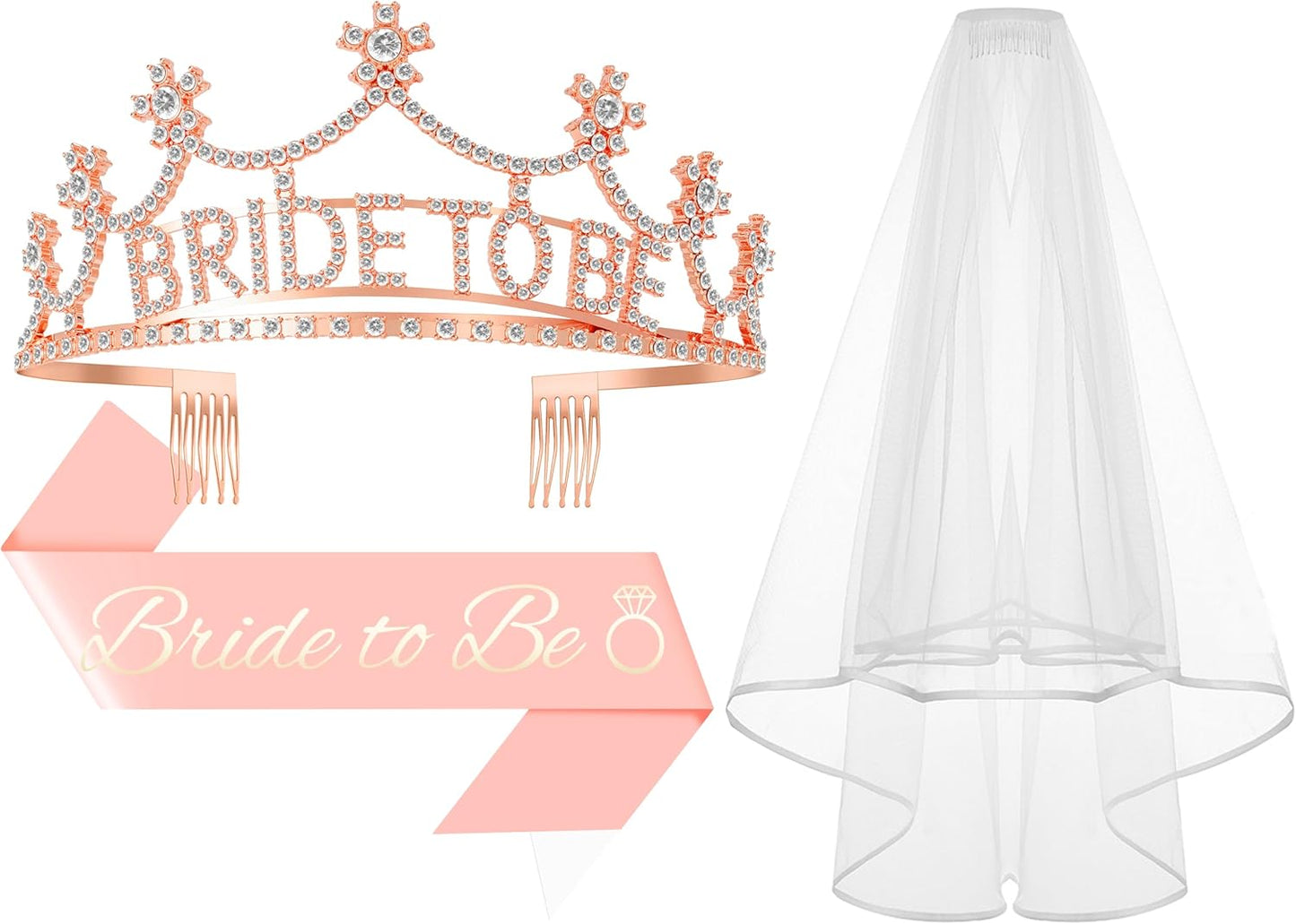 3Pcs Bride to Be Crown with Sash and Veil for Bachelorette Party Decorations，Bridal Shower Accessories for Gift, Favors