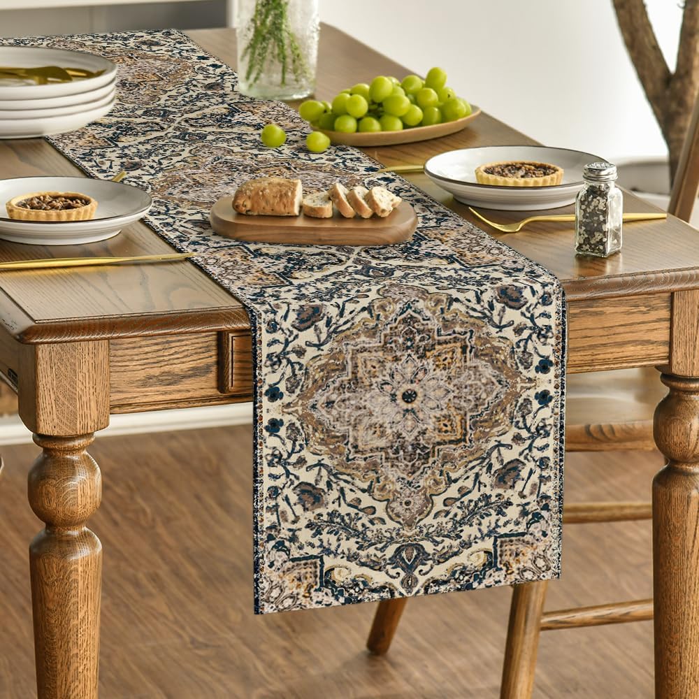 Artoid Mode Dark Blue Boho Bohemia Style Table Runner, Country Rustic Farmhouse Magical Halloween Kitchen Dining Table Decoration for Home Party Decor 13x72 Inch
