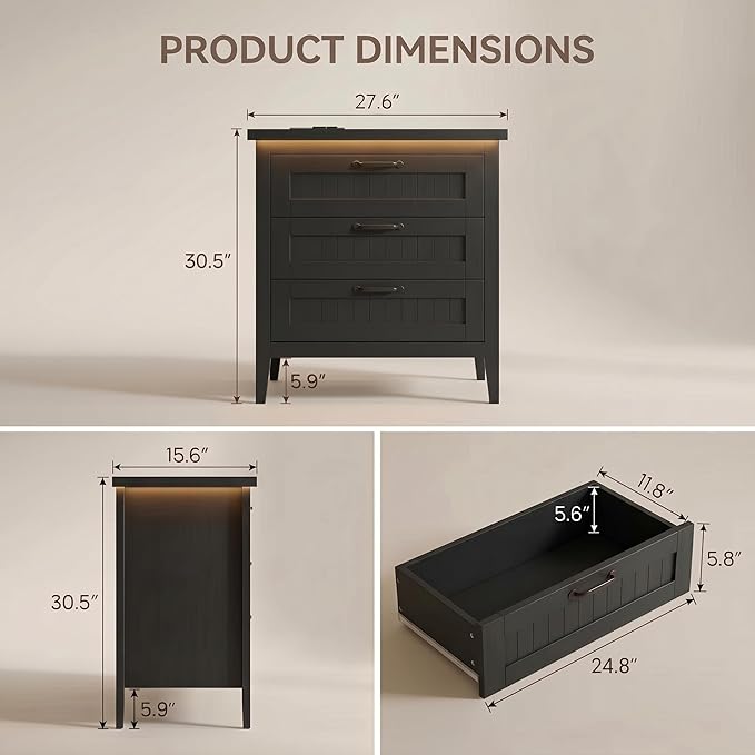 GarveeLife 3 Dresser Drawer for Bedroom, 27.6" Wide Wood Bedside Table for - Image 2