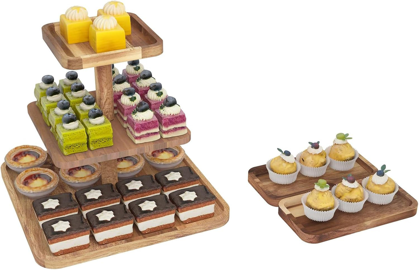 Acacia Wood 3 Tier Cupcake Stand with 2 Removable Snack Tray, Rustic Square Cup Cake Tower Stand for 25 Cupcakes, Display Cakestand for Wedding, Birthday, Serving Tea Party, Natural