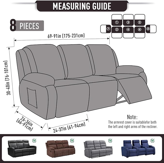 TAOCOCO Recliner Couch Covers for 3 Seat, 8-Pieces Stretch Large Couch Covers - Image 5