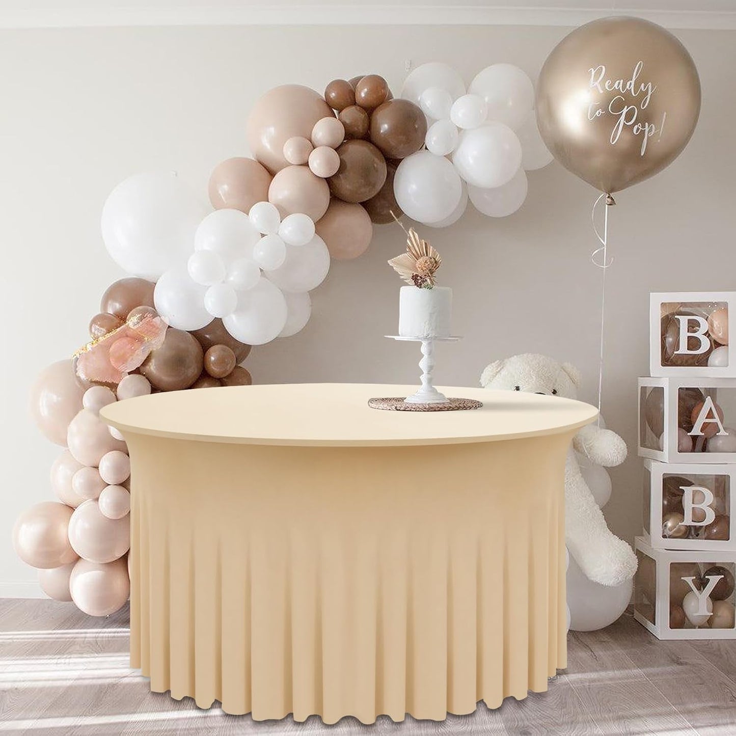 6 Pack Champagne Round Spandex Tablecloth 60 Inch, Wrinkle Free Stretch 120 Inch Fitted 5ft Champagne Table Cloths Round Table Covers with Ruffle Skirt for Party Wedding Banquet