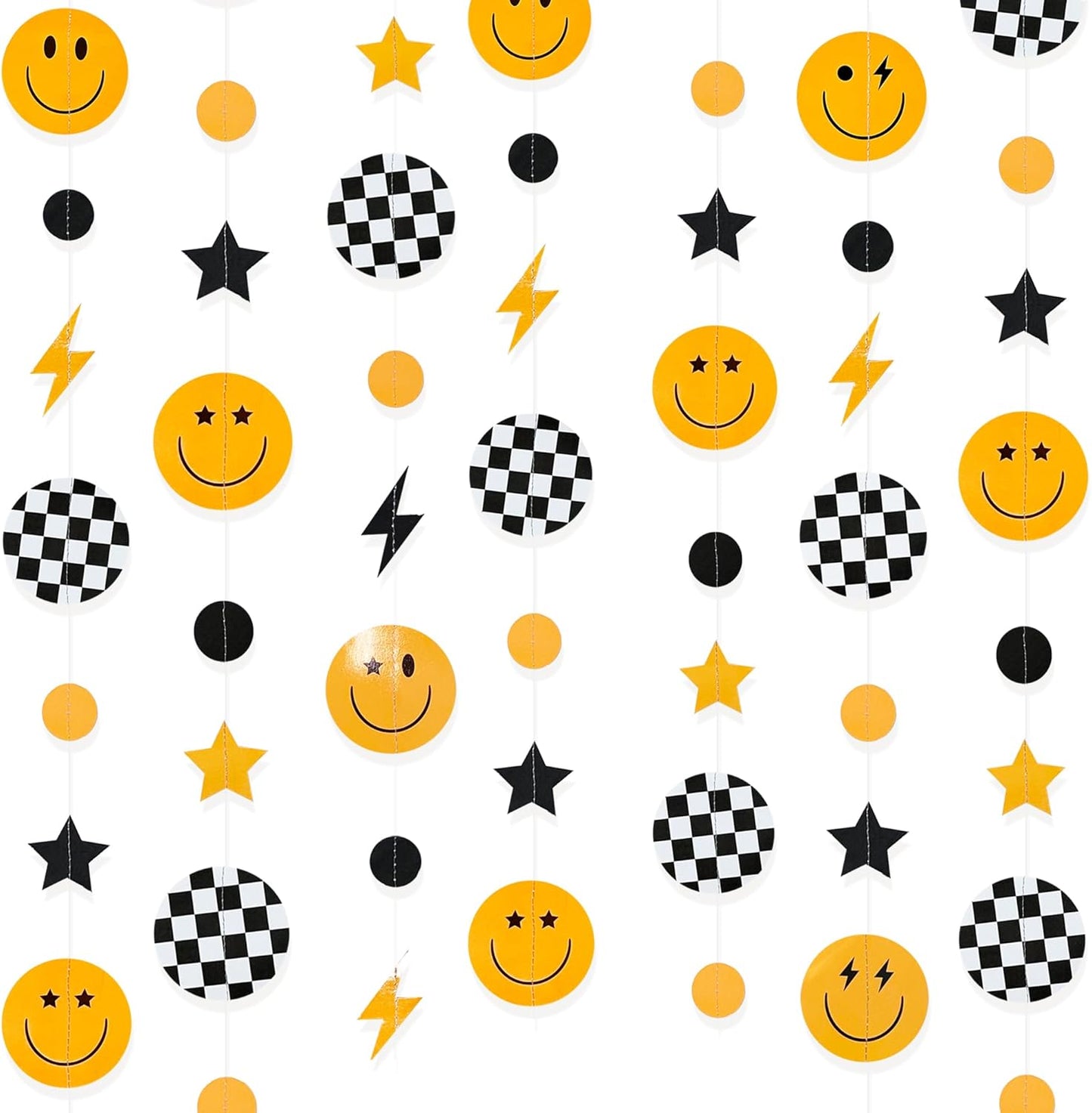 One Happy Dude 1st Birthday Decorations Black Yellow Smile Face Lightning Star Checkered Circle Dot Smiley Face Garland Streamer for Baby Shower First Birthday Wedding Hippie Party Decoration Supplies