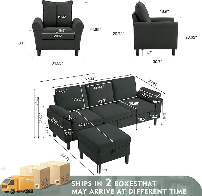 79" Convertible Sectional Sofa Set, Modern Linen Small L Shaped Couch - Image 3
