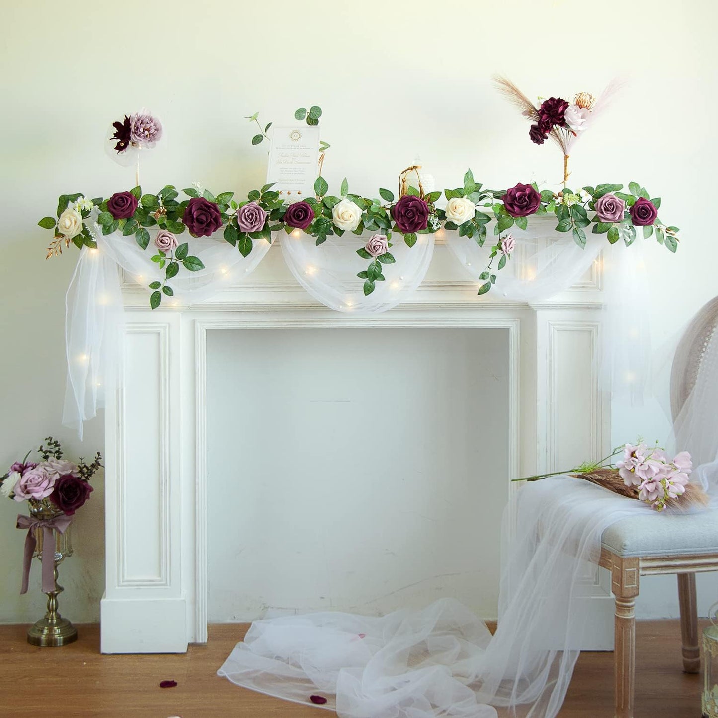 PONATIA 5FT Handcrafted Burgundy Artificial Rose Garland, Dusty Rose Flowers for Wedding Ceremony Garlands Backdrop Arch, Christmas Decorations Table Decor