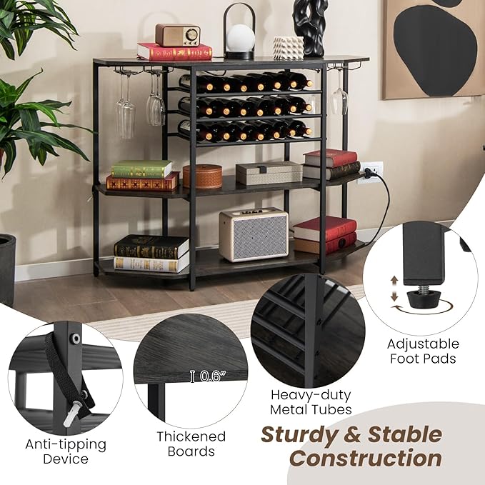 COSTWAY Wine Bar Cabinet, 3-Tier Liquor Cabinet - Image 6