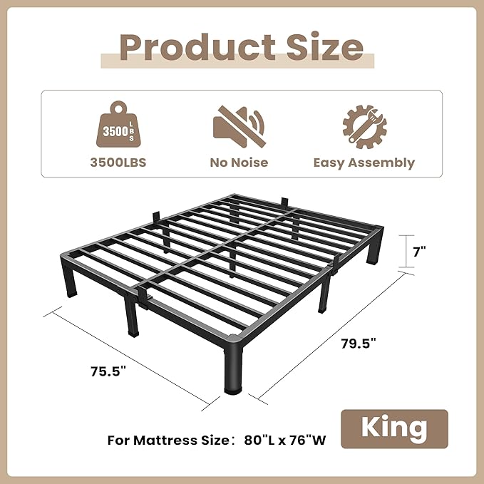 ROIL 7 inch King Size Bed Frame Metal Platform No Box Spring Needed - Image 2