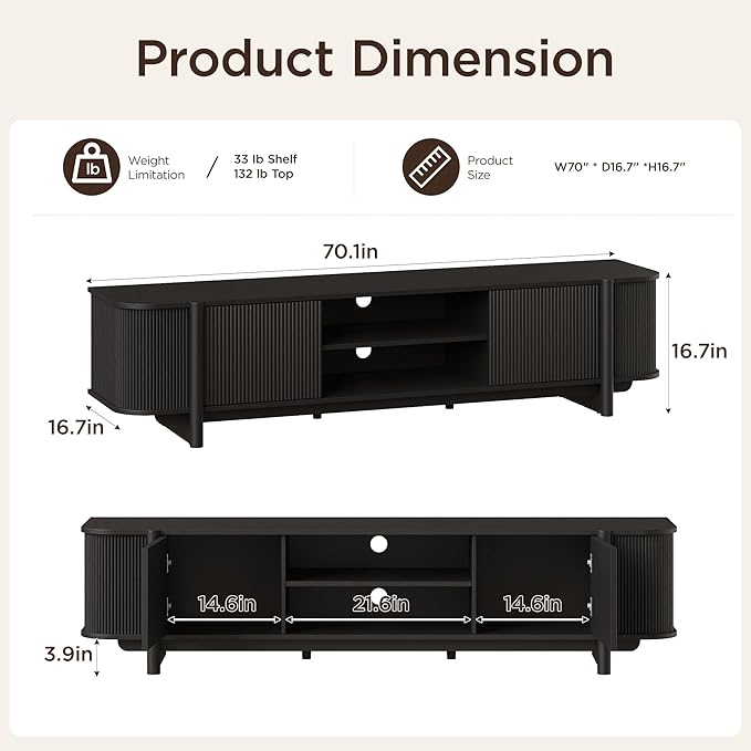 Vabches 70" Mid Century TV Stand - Image 2