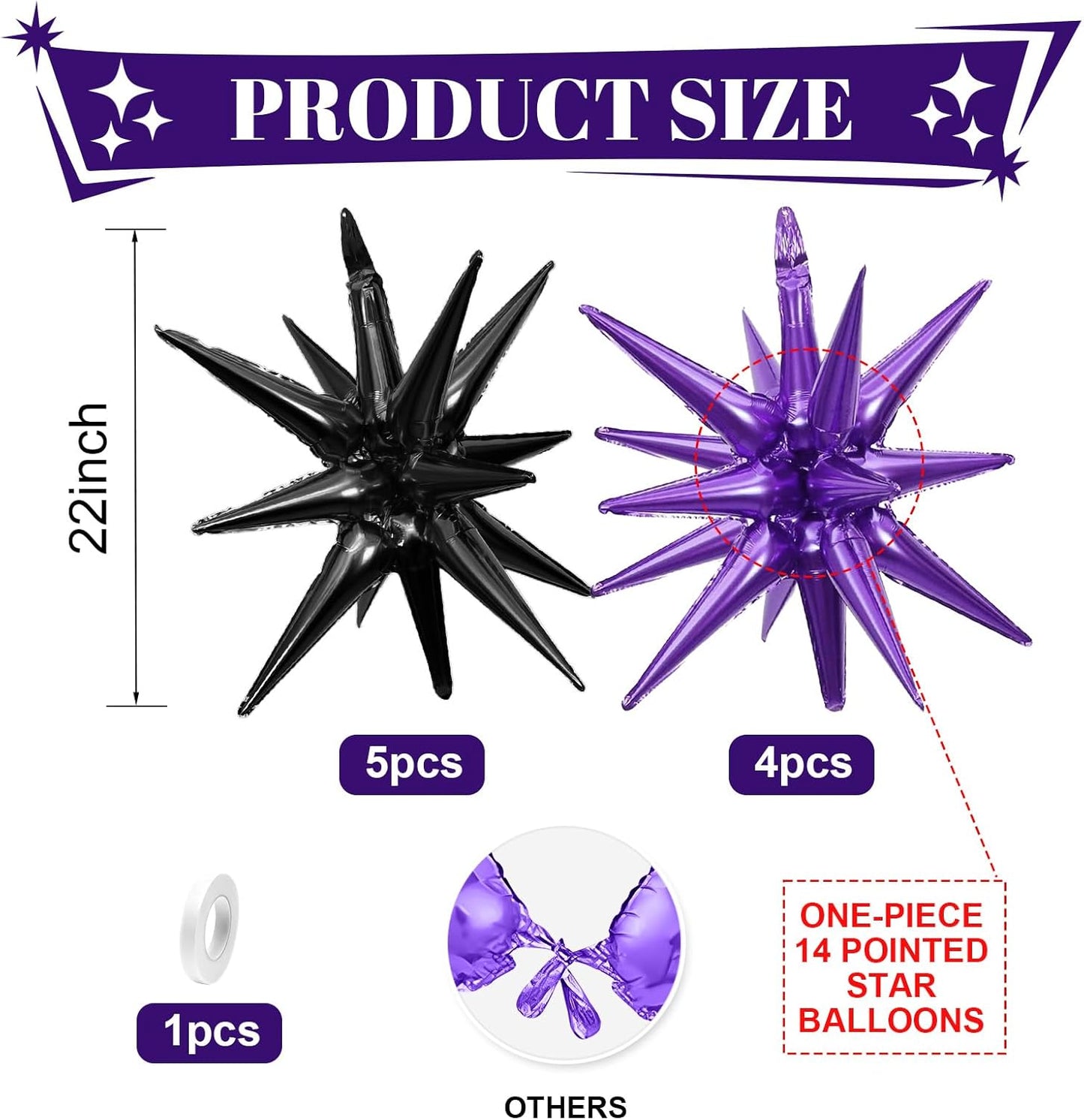 Black Purple Star Balloons,9Pcs 22Inch Black Purple Explosion Spike Cone Helium Polyester Film Star Foil Balloons for Birthday Halloween Anniversary Baby Shower Party Decorations