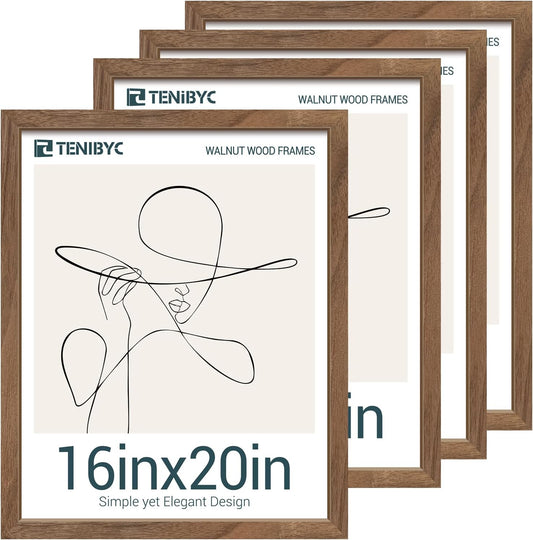16x20 Frame 4 Pack - Brown, Natural Walnut Wood Picture Frame, HD Tempered Glass, Display 16x20 or 20x16 photos or posters, Wall Hanging