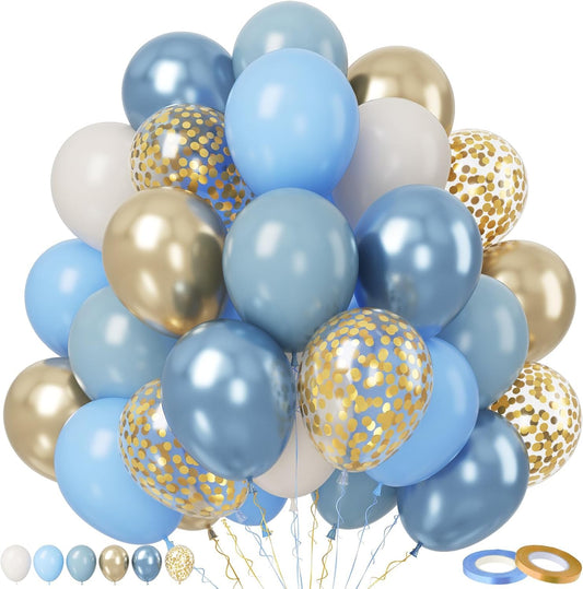 Paready Blue Balloons Set, 50 Blue & Gold Balloons, 12 Inch Metallic Blue & Gold Confetti for Boys Birthday, Boho Wedding & Graduation