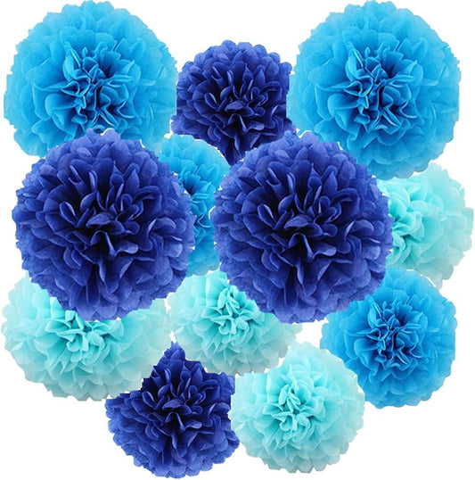 12pcs 10in 12in Blue Pack Paper Pom Poms Tissue Paper Flower pom poms Hanging Paper Flower Balls Wedding Party Flower Decorations DIY Art Craft Blooms for Birthday Baby Shower Nursery Decor