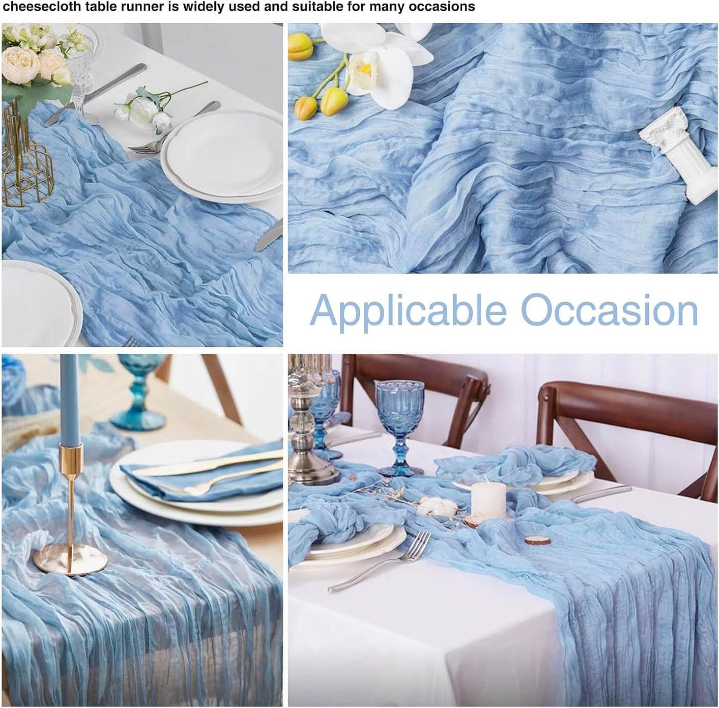 6 Pack Baby Blue Cheesecloth Table Runner 20x120 Inch Boho Wrinkled Sheer Romantic Gauze Decor for Wedding, Bridal Shower, Birthday Party