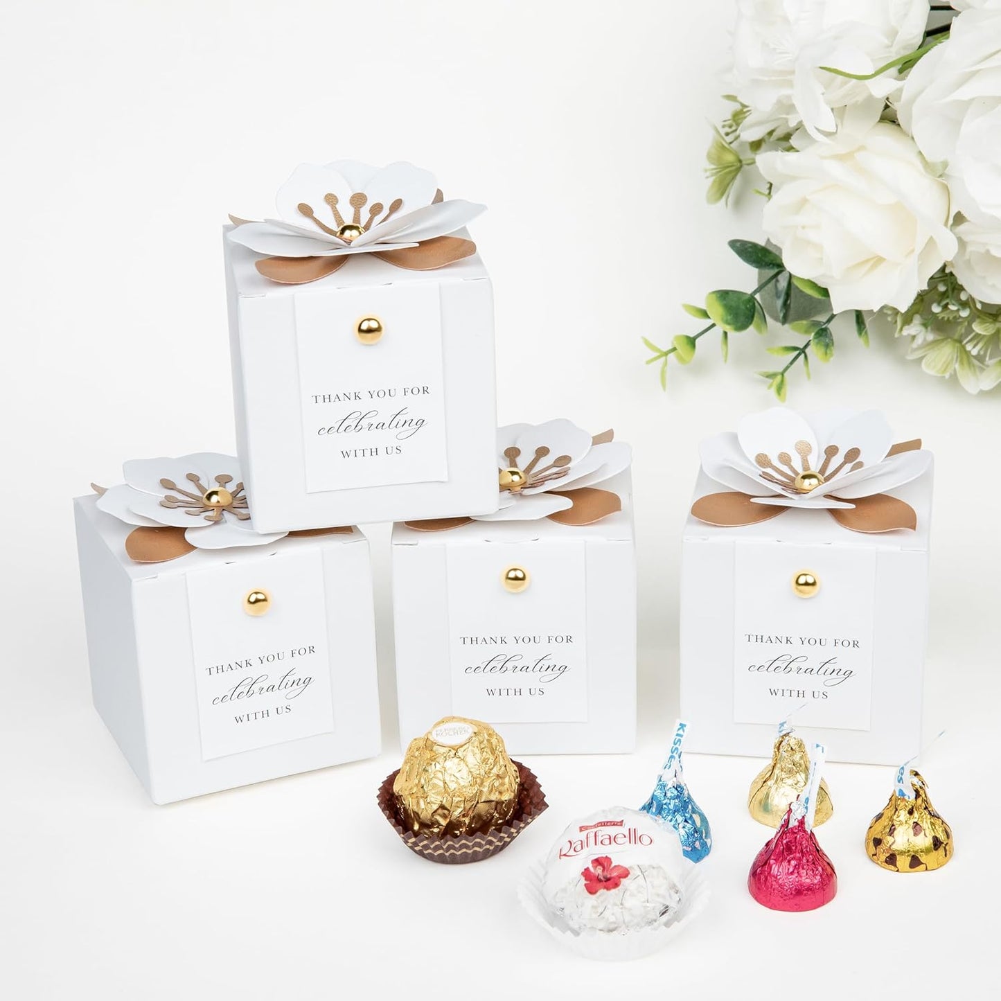 FEIYI 20 PCS Candy Boxes, 3 In 1 White Favor Boxes With Floral Decor, White Thank You Tags Gift Wrapping For Wedding Birthday Baby Shower Decorations Party -2.55x2.55x2.55''